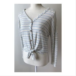 Paper Crane Womens Tie Front Top XS Thermal Waffle Knit Striped Long Sleeve V
